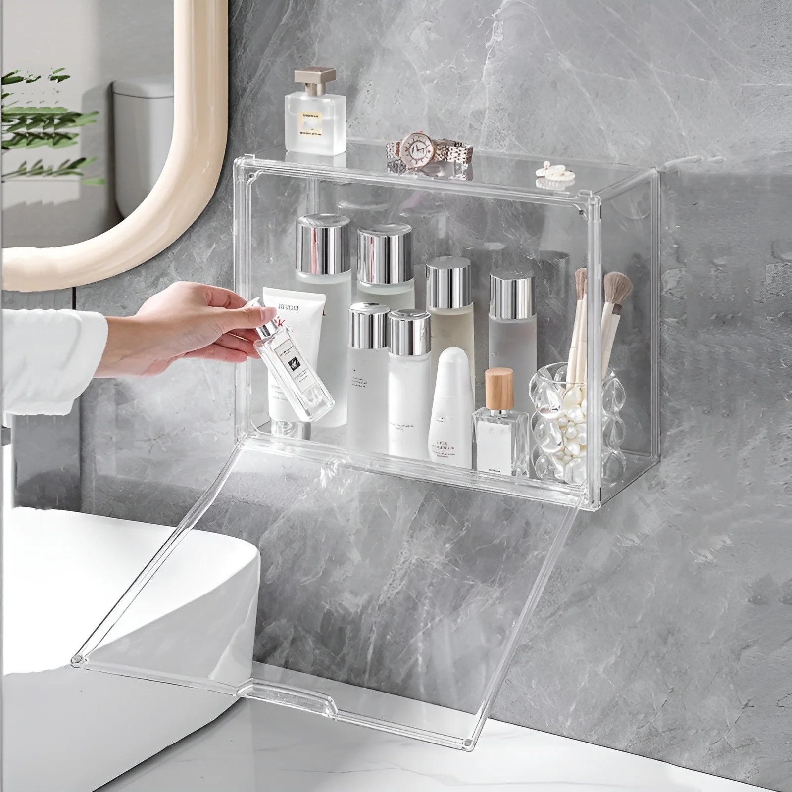 قطعة واحدة من صندوق تخزين شفاف، منظم عرض قابل للتكديس مع غطاء مغناطيسي، عرض مقاوم للغبار للحقائب ومقتنيات مستحضرات التجميل ليغو