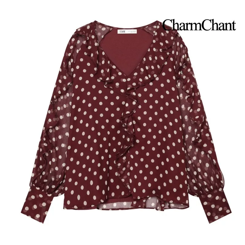CHARMCHANT Women's Polka Dot Chiffon Blouse V Neck Shirt Ruffle Trim Long Sleeve Top Daily Vintage Casual 2026 Spring
