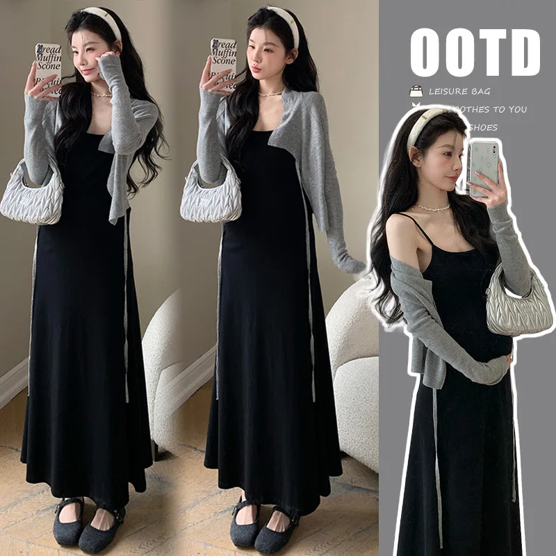 

Petite Pregnancy Outfit Autumn Set Chic Black Sleeveless Dress with Cardigan Two Piece Maternity Wear Elegant Loose Fit Trendy