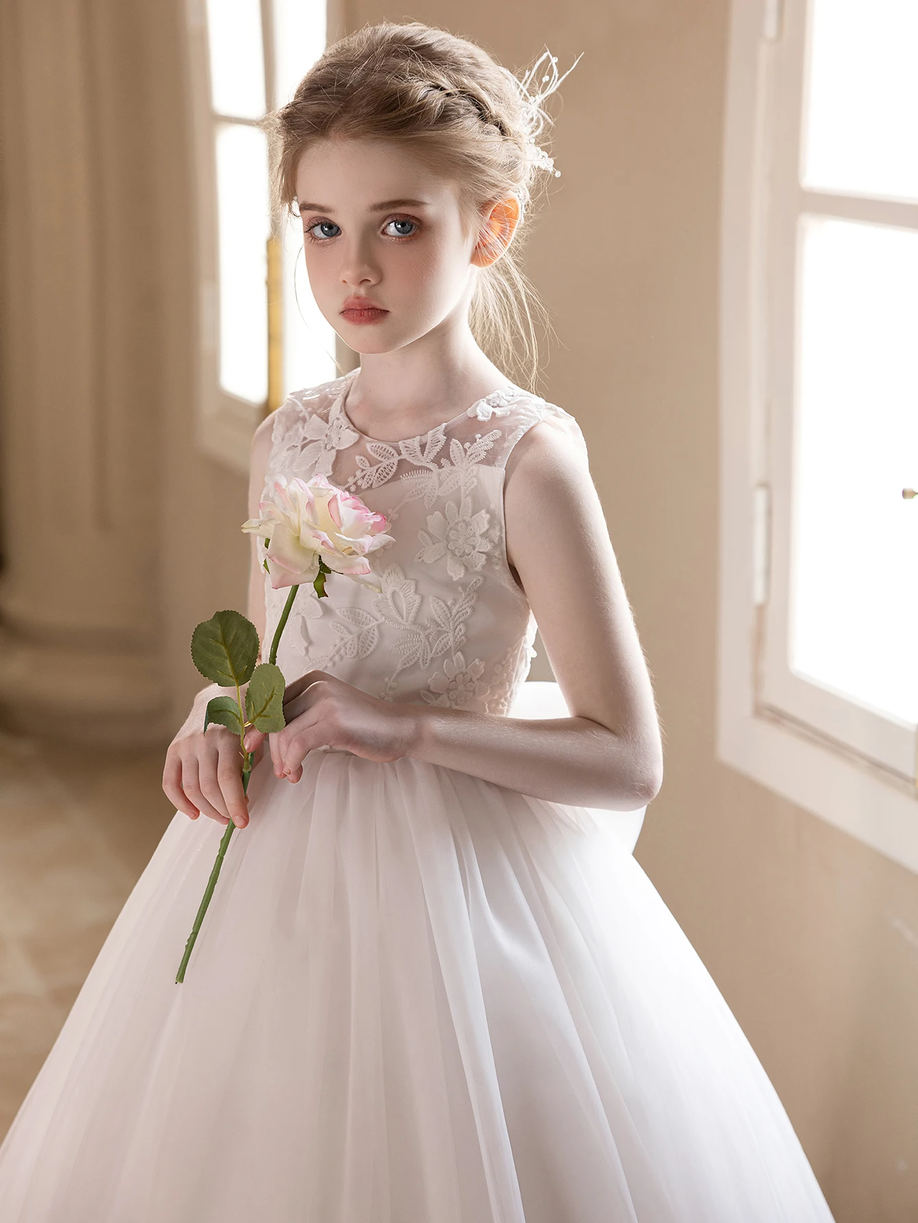 Robe de mariée en gaze blanche pour adolescentes, broderie en dentelle, grand nœud, robe de soirée gonflée, robe de demoiselle d'honneur