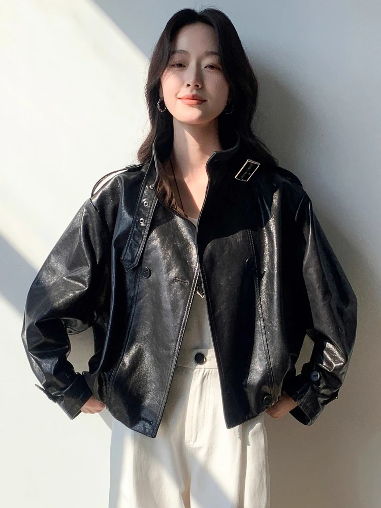 Vintage Short Genuine Leather Motorcycle Jacket Women Spring Autumn High-end Simple Stand Collar Soft Oil Wax Real Goatskin Coat