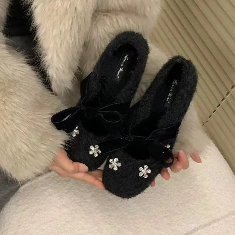 Französische, sanfte Schleife, Strass innen, erhöht die warme Mary Jane Plus-Fleece-Schuhe