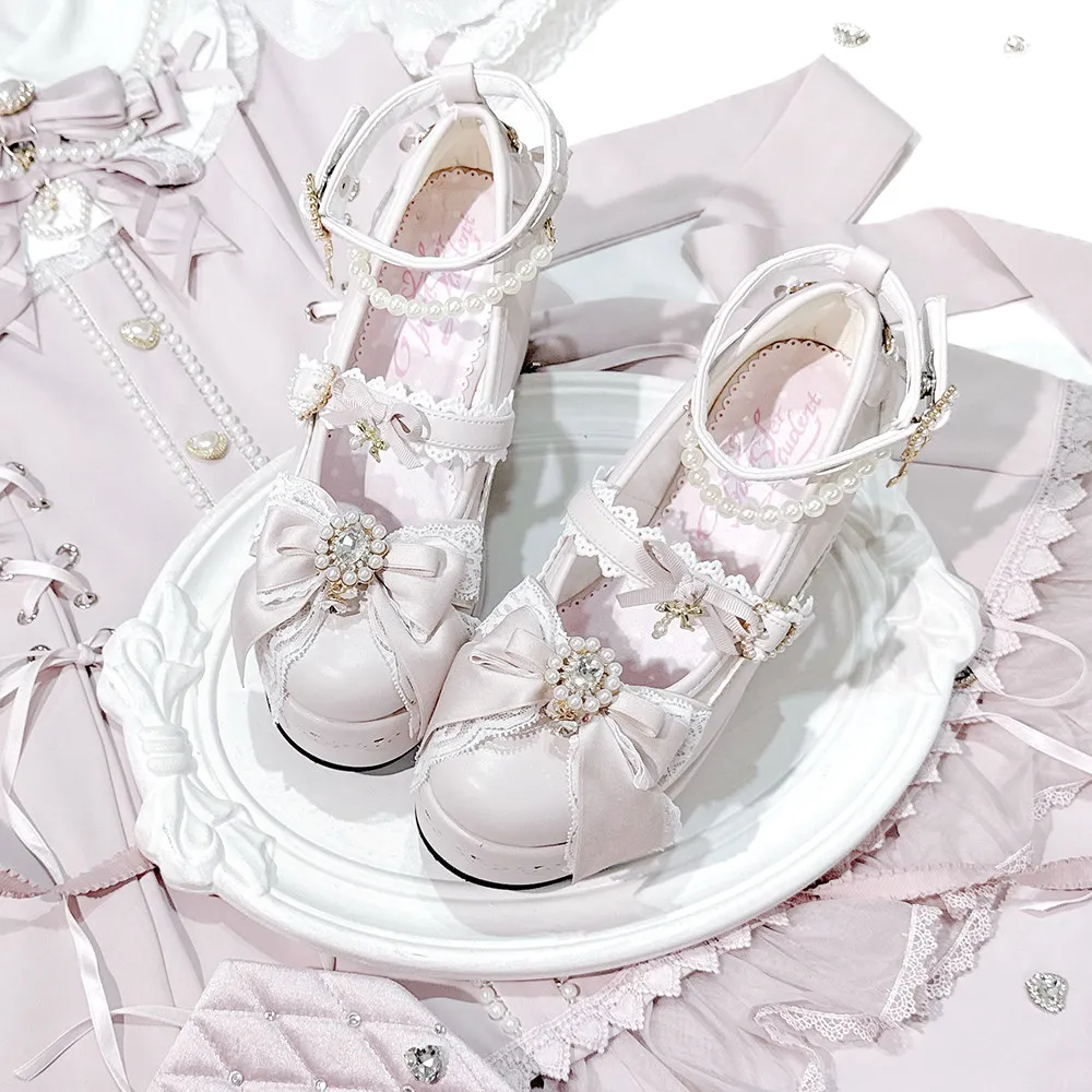 Original Japanese Style Square Toe Wedge Platform Lolita Shoes Women Lace Bow Pearl Ankle Strap Shoes