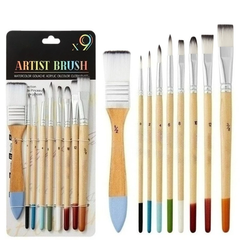 9 Pcs Oil Scrubbing Brush Set Mixed Head Nylon Hair Art Student Painting Wooden Short Rod Large Area Watercolor Powder Supplies