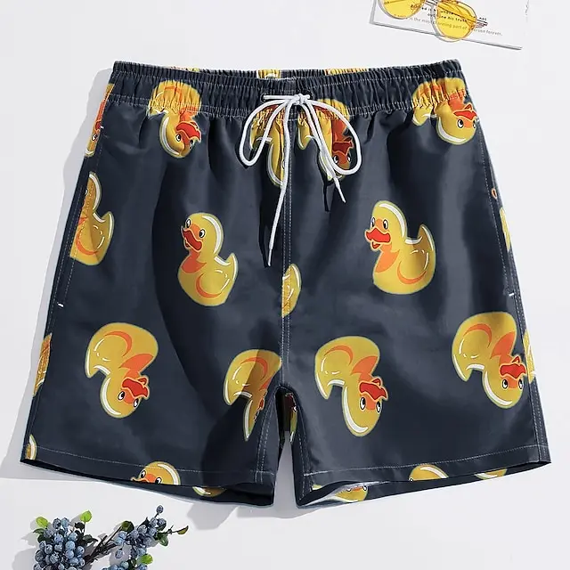 Men's beach shorts Little Yellow Duck 3D Printed  Board Shorts Summer Swim Trunks Elastic Waist DrawstringHawaiian Style Holiday