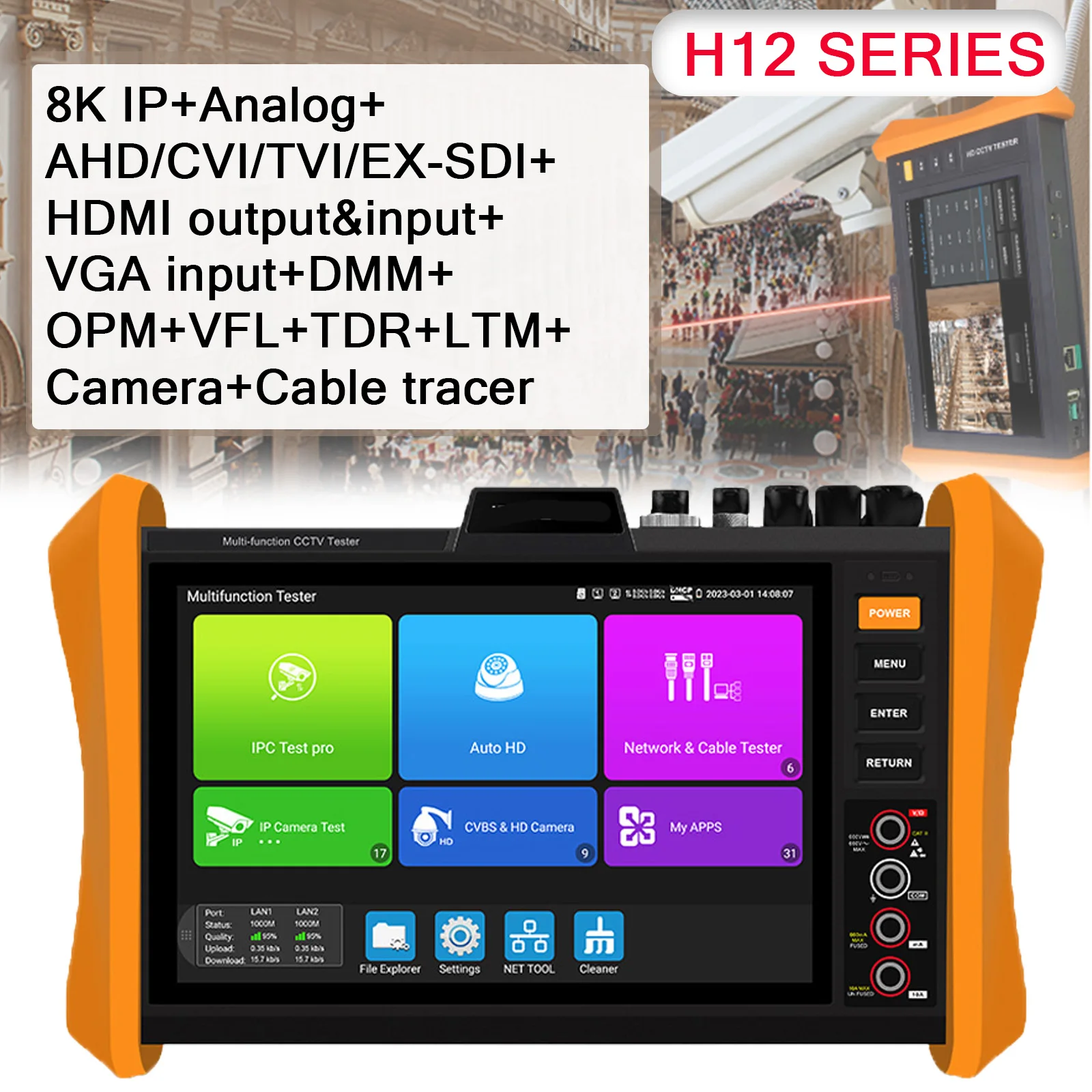 Professional IP H12 Camera Tester 8 Inch 8K H.265 IP Camera Tester Support POE++ SFP Module 8MP AHD/TVI/CVI CCTV