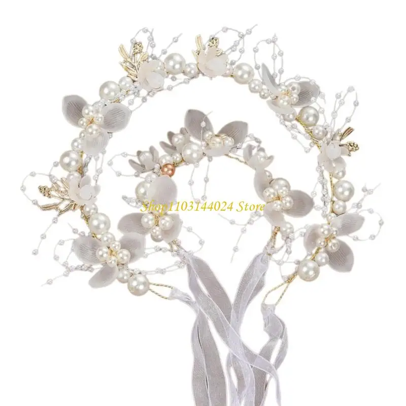 N5KE Flower Girls Tiaras Headband with Wrist Flower Artificial Pearls Flower Hair Accessories for Wedding Special Occasion