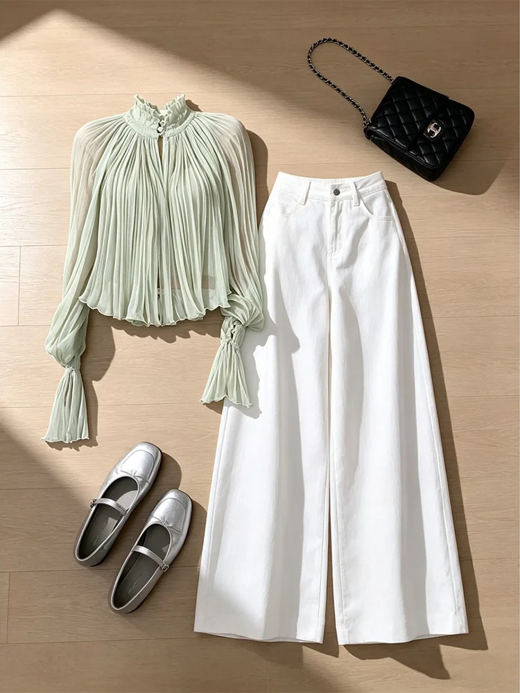 

Summer 2026 Women's Gentle Wind Stand Collar Chiffon Shirt Set Wide Leg Pants Two Piece Set Fashionable White Casual Wear