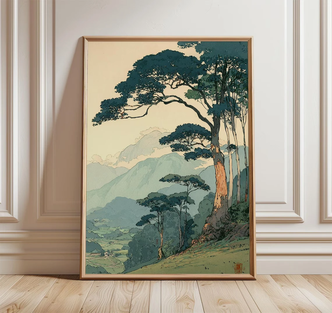 Affiche vintage japonaise de la forêt, paysage montagneux paisible, art mural rétro, impression naturelle, scène d'arbre minimaliste, décoration intérieure Artwo