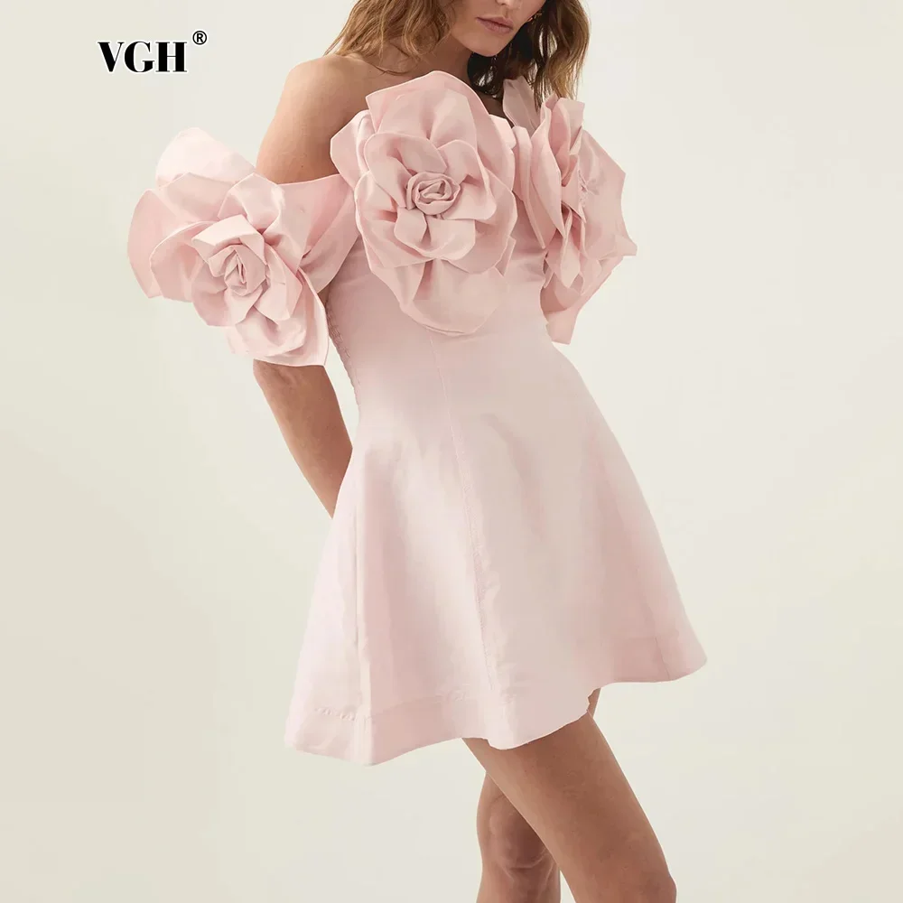 

VGH Youth Evening Short Dresses for Women Slash Neck Off Shoulder High Waist Spliced Appliques Solid Fashion Style Dress Female