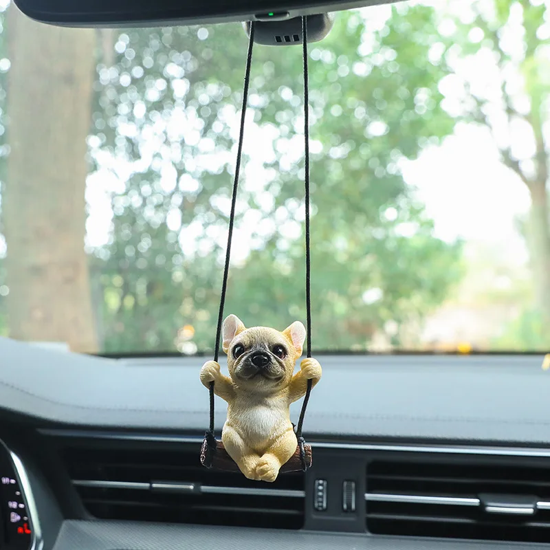 New Resin Cute Dog Anime Car Accessorie Swing Bulldog Pendant Auto Rearview Mirror Ornaments Birthday Gift Couple Accessories