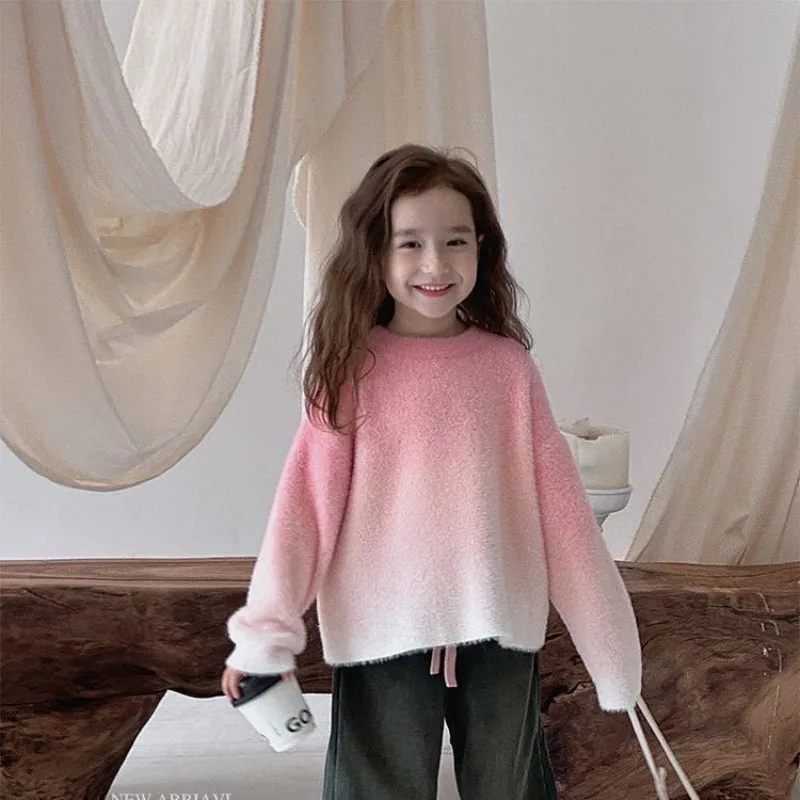 2025 Winter Plus Size Stylish Girl's Kids Peach Pink Gradient Oversized Faux Mink Fur Soft Knit Trendy Sweater