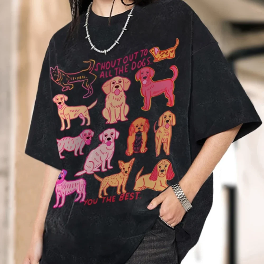 

Cartoon Cute Puppy Print Ladies T-Shirt Cute Girly Feng Shui Wash Round Neck Short Sleeve 2024 Summer Casual Fashion Top