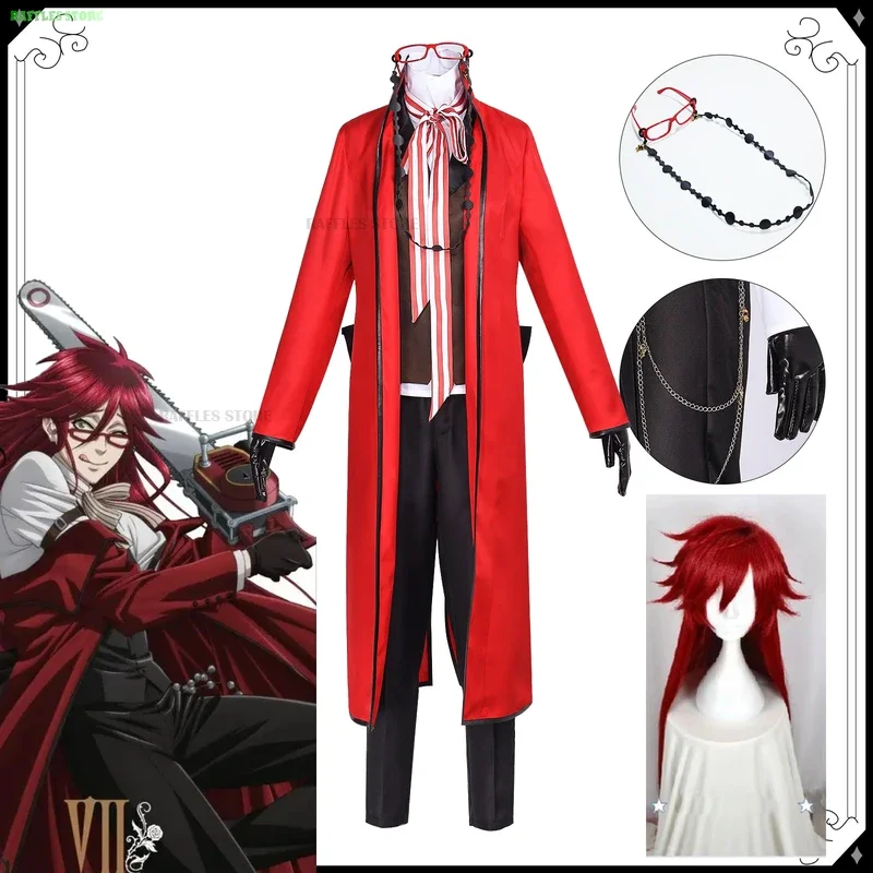 Kuroshitsuji Grell Sutcliff Michaelis przebranie na karnawał peruka mundury Anime Cosplay impreza z okazji Halloween unisex fantazyjne czerwone okulary garniturowe