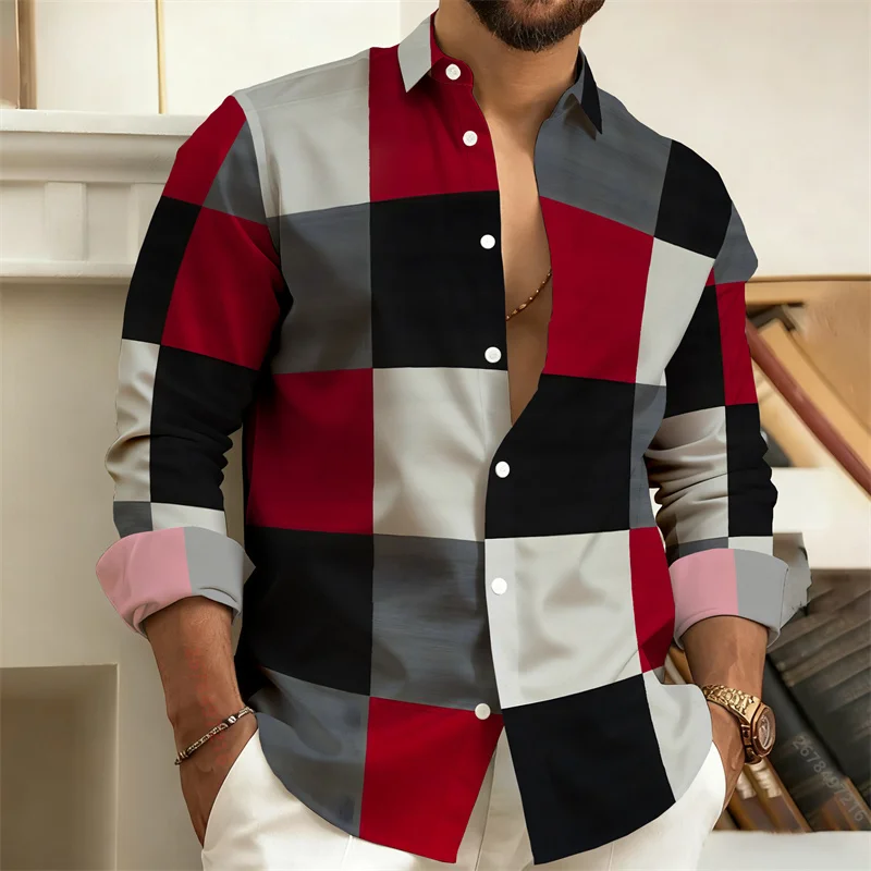 Men's 3D Printed Geometric Color-Blocked Long-Sleeved Shirt, Stylish Casual Slim-Fit Shirt, Outdoor Street Style Men's Top