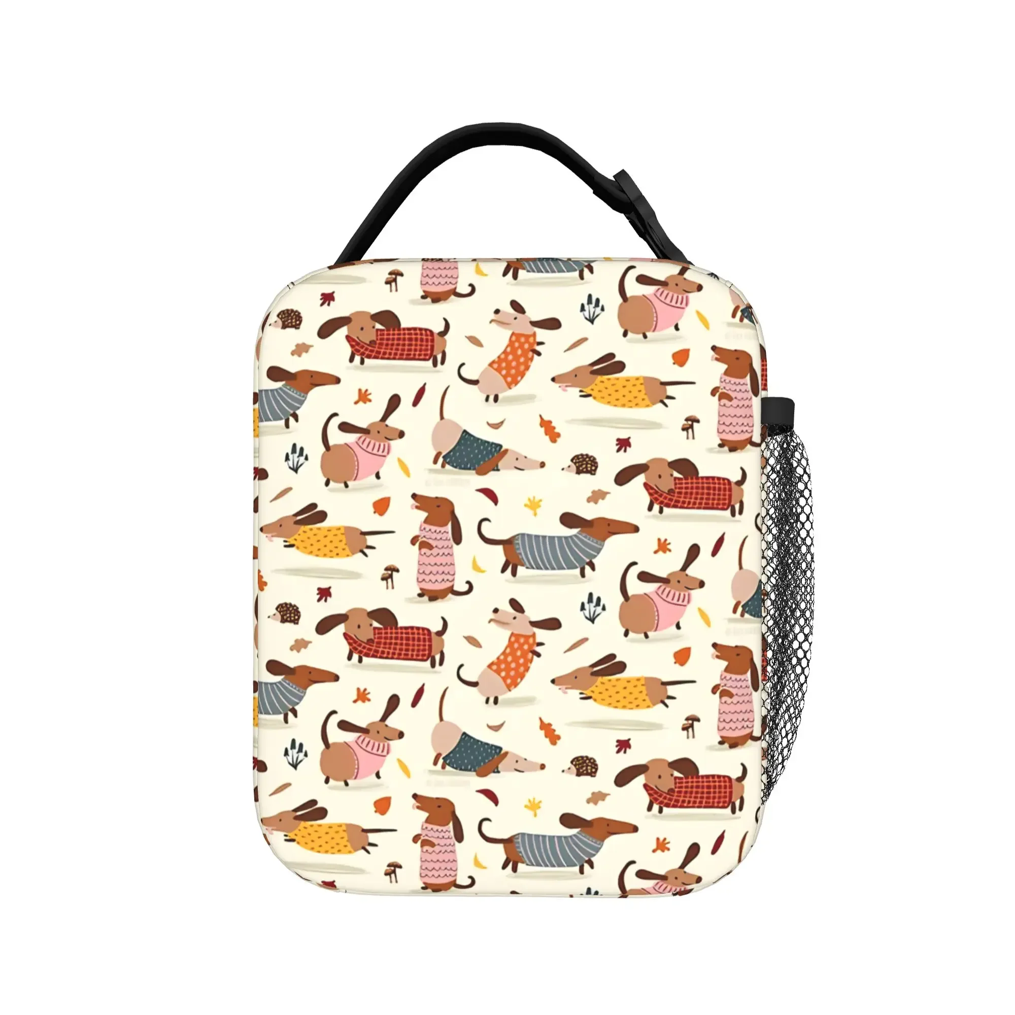 Fall Dachshunds in Sweaters Lunch Bag Office Lunch Box For Men  Vintage Thermal Lunch Bags Waterproof Portable Zipper Cooler Bag