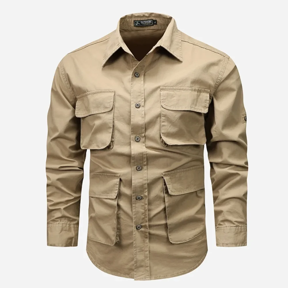 Men's Military Tactics Multi-pocket Solid Color Long Sleeve Shirt Outdoor Fashion Casual Training Wear Shirt