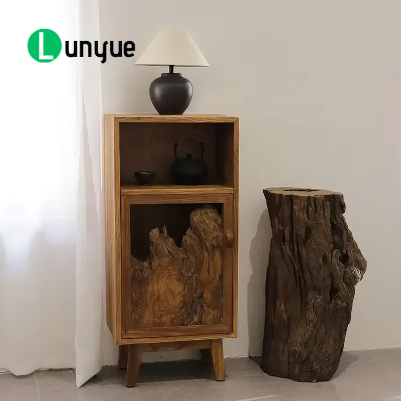 Wabi-sabi Solid Wood Tea Set Storage Cabinet Eco-friendly Retro Elm Sideboard for Living Room Dining Hotel Bedroom Furniture