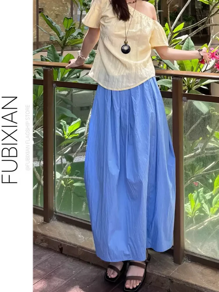Dopamine Blue High Waist Pleated Skirt Women's Summer Commute Loose Long Split Bloom Skirt Casual Style High Waist Design