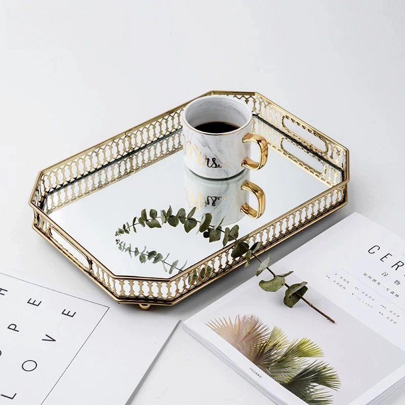 For Metal Glass Storage Tray, Hollow Electroplated Mirror Base, Light Luxury Decorative Plate for Living Room