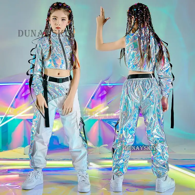 PU Hip-Hop Dance Clothes Reflective Rave Outfit Girl Sets Jazz Dancewear Festival Crop Tops Cargo Pants Catwalk Show Costume