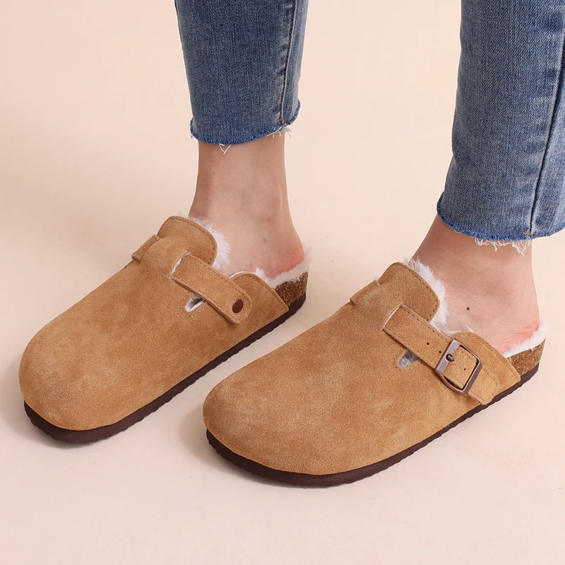 Fur Boston Clogs For Women Winter Fashion Cork Insole Warm Plush Slippers Shoes With Arch Support Cozy Home Furry Suede Mules