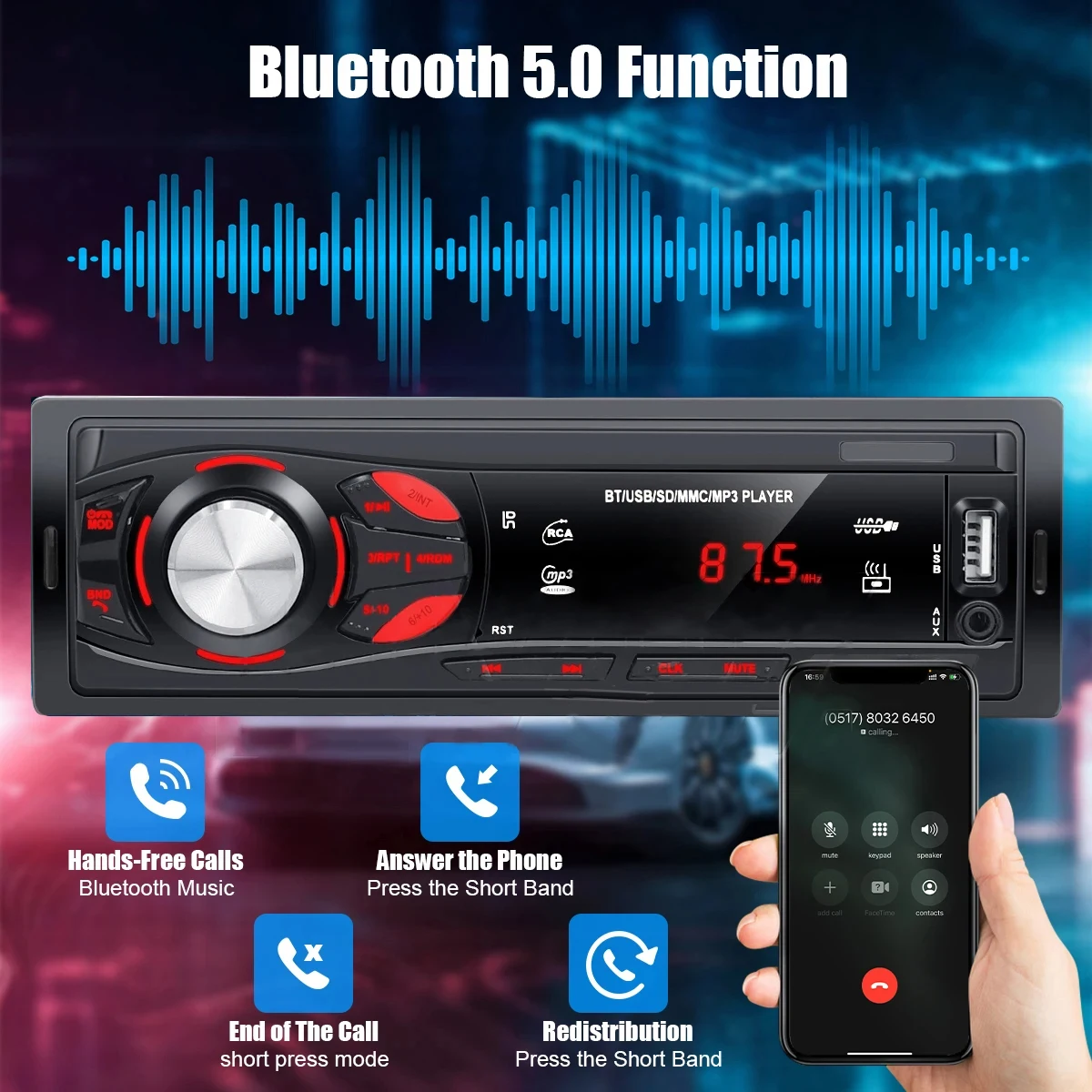 PHONEPACE Bluetooth Car Stereo 4x15W Car Audio FM Radio MP3 Player USB/SD/AUX Hands Free Calling with Wireless Remote Control