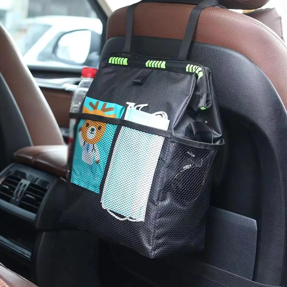 Cubo de basura para coche, práctico soporte para pañuelos, Organizador a prueba de fugas, bolsa de almacenamiento, cubo de basura para asiento trasero de coche con hebilla de liberación ajustable