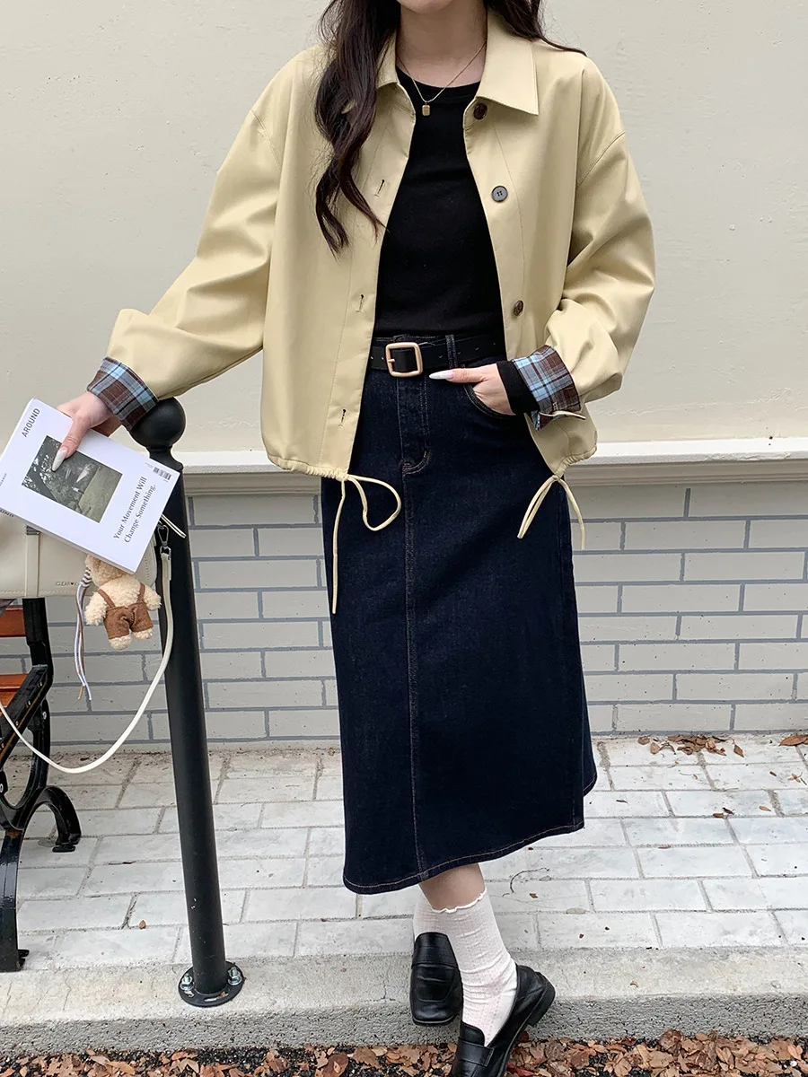 レディース 2025年冬 カジュアル ドローストリング ラペル PUレザー ジャケット 長袖コート スタイリッシュでファッショナブル