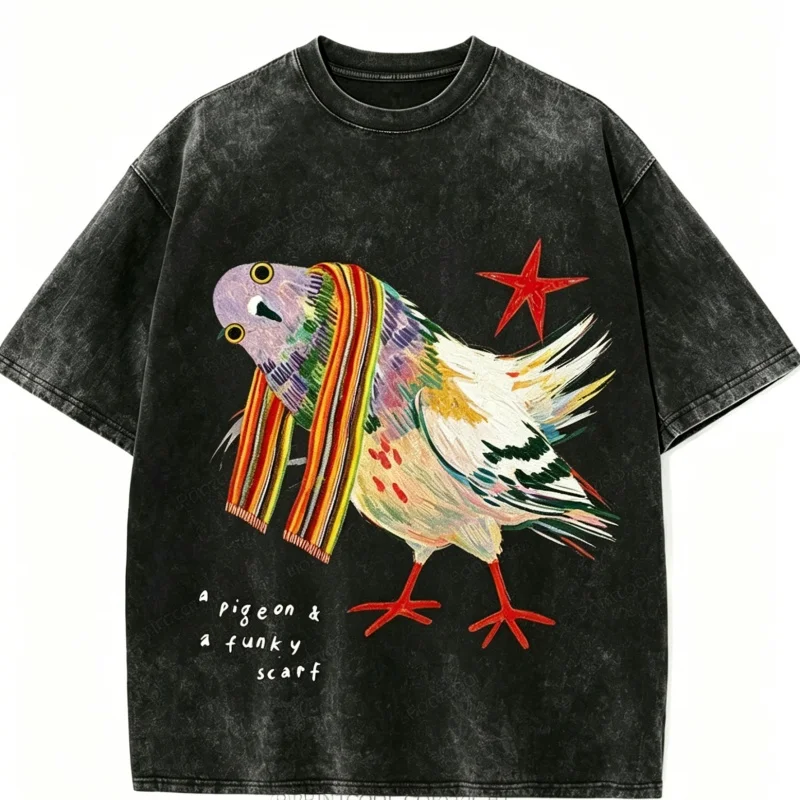 Camiseta con estampado de paloma y bufanda, estilo vintage lavado, informal, holgada, de algodón, para hombre y mujer