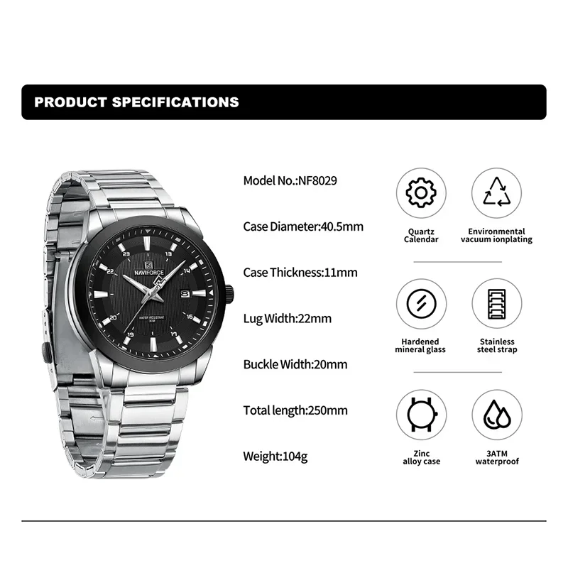 NAVIFORCE NF8029 New Fashion Men Luxury Watch Business Waterproof Male Stainless Steel Quartz Wristwatch Date Luminous Clock