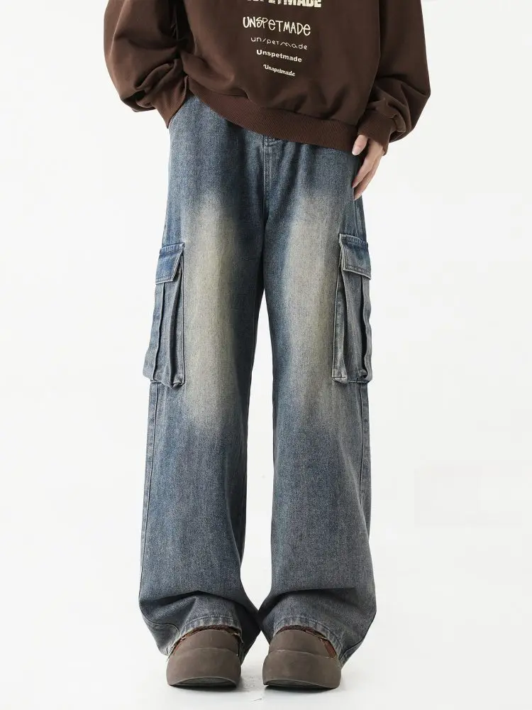 

American Retro Men's Denim Workwear Pants Summer Trendy Straight Leg Wide Leg Pants Draping Micro Flared Floor-Length Pants