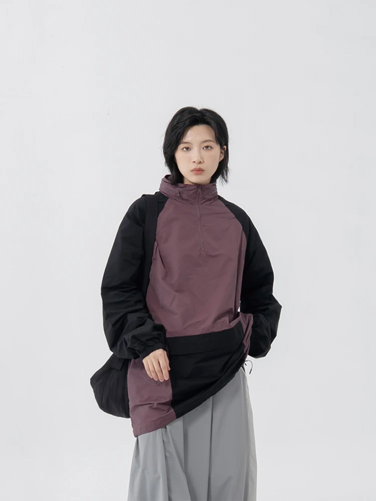 

QUEENOP 2025 Outdoor ex Hooded Stand Collar Jaet Patchwork f Zipper Long Sve Polyester Street Sle Windbreaker