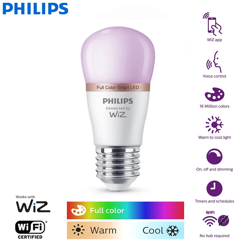 Philips WiZ 4.9W E27 P45 Wi-Fi & Bluetooth LED Smart Mini Ball Bulb 220-240V 16 Million Full Color Light Frosted Dimmable Lamp