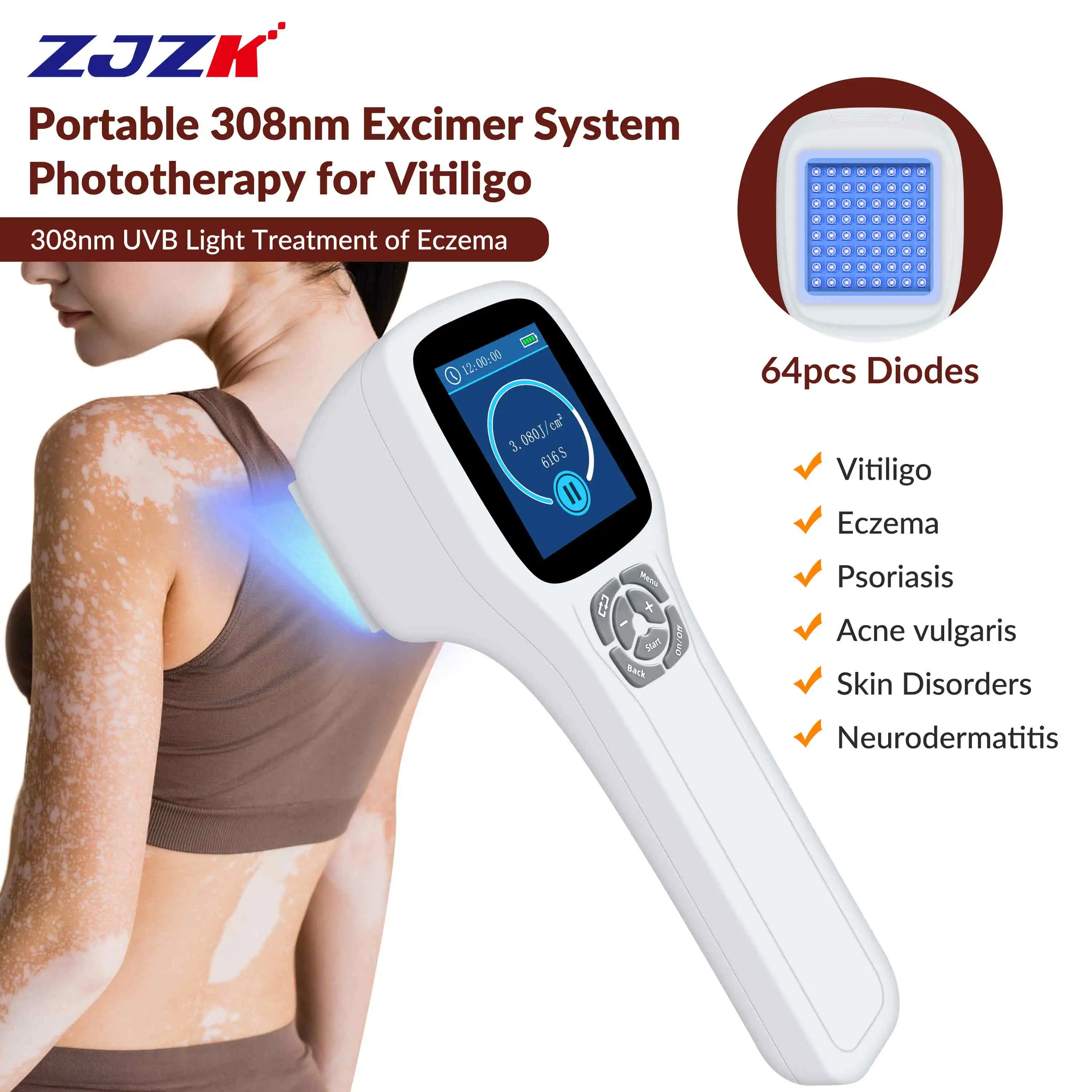 ZJZK Light Vitiligo Blue UV At Home 308nmx64diodes Blue Light Therapy For Spider Veins Skin Ulcer Atopic Dermatitis Albinism