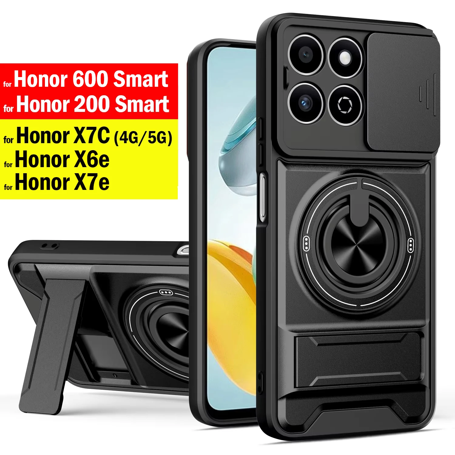 Funda for Honor 200 Smart 600 Smart / Honor X7C X6e X7e Case Rotatable Slide Camera Protection Ring Stand Phone Cover Capa Funda
