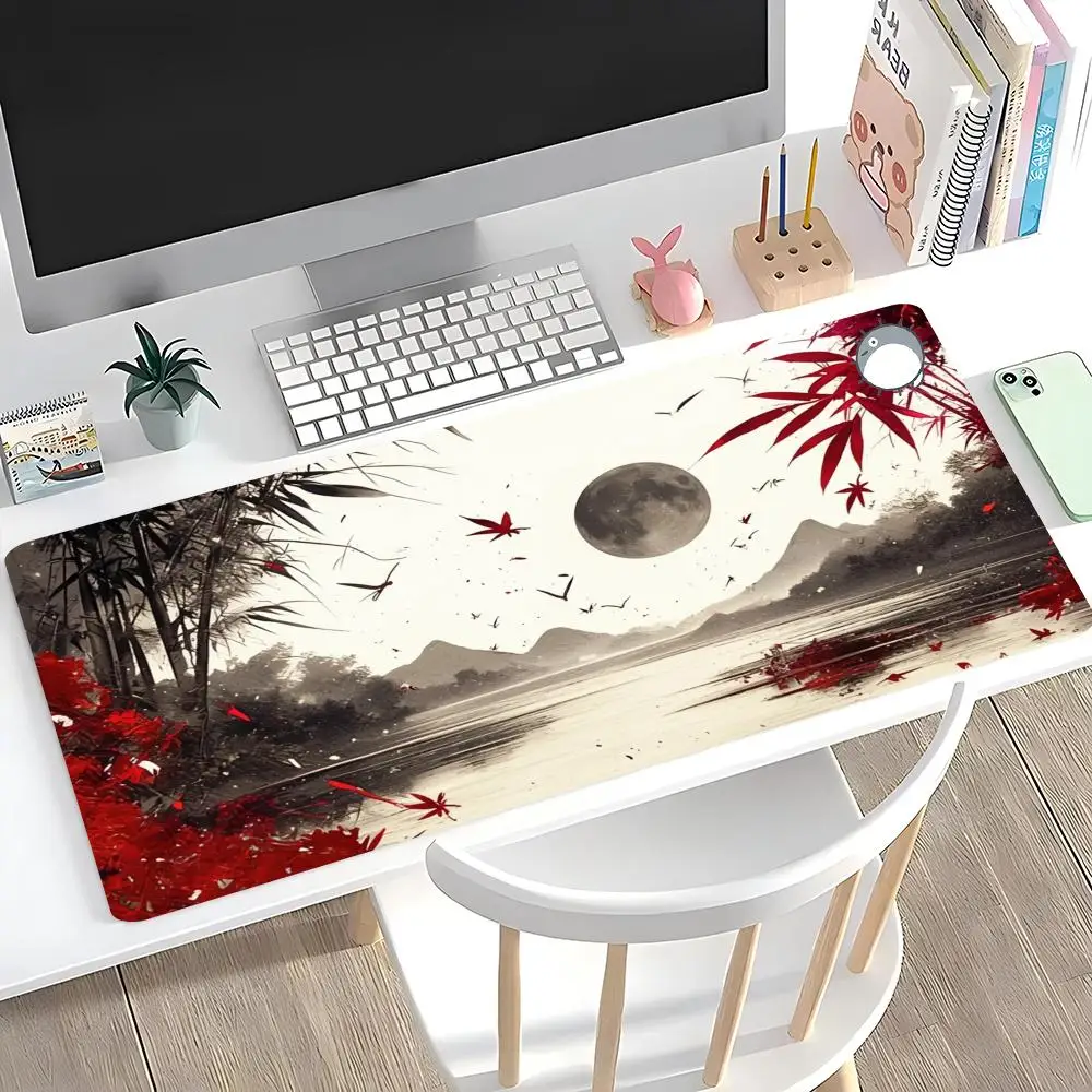 

Oriental Ink - Style Red Maple & Moon Large Mouse Pad: Add Elegant Traditional Charm to Your Desk
