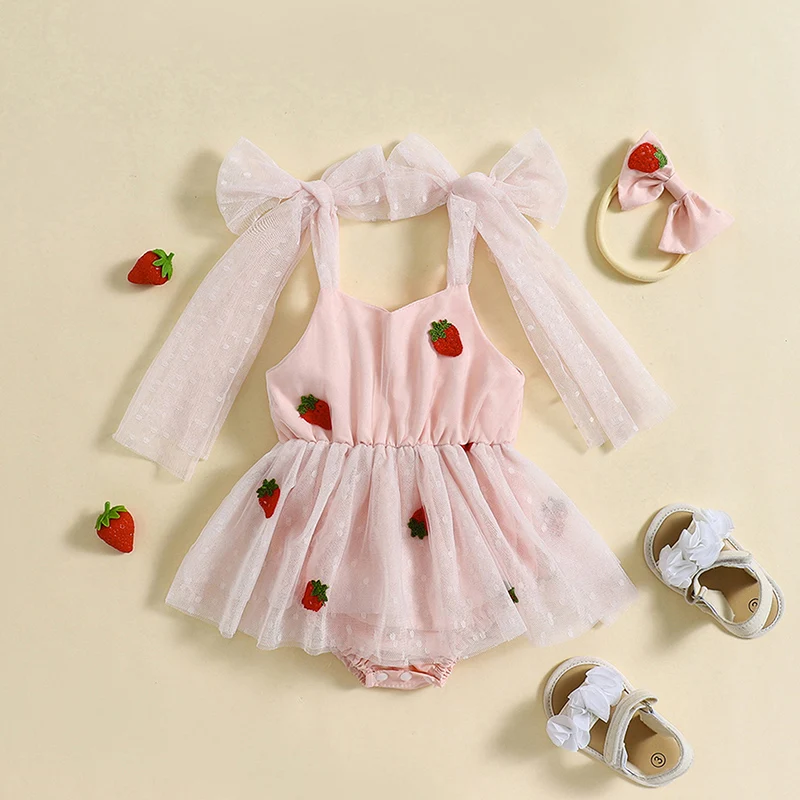 Trajes de niña recién nacida con bordado de fresas, vestido de tutú sin mangas con tirantes, Body de tul, ropa de verano