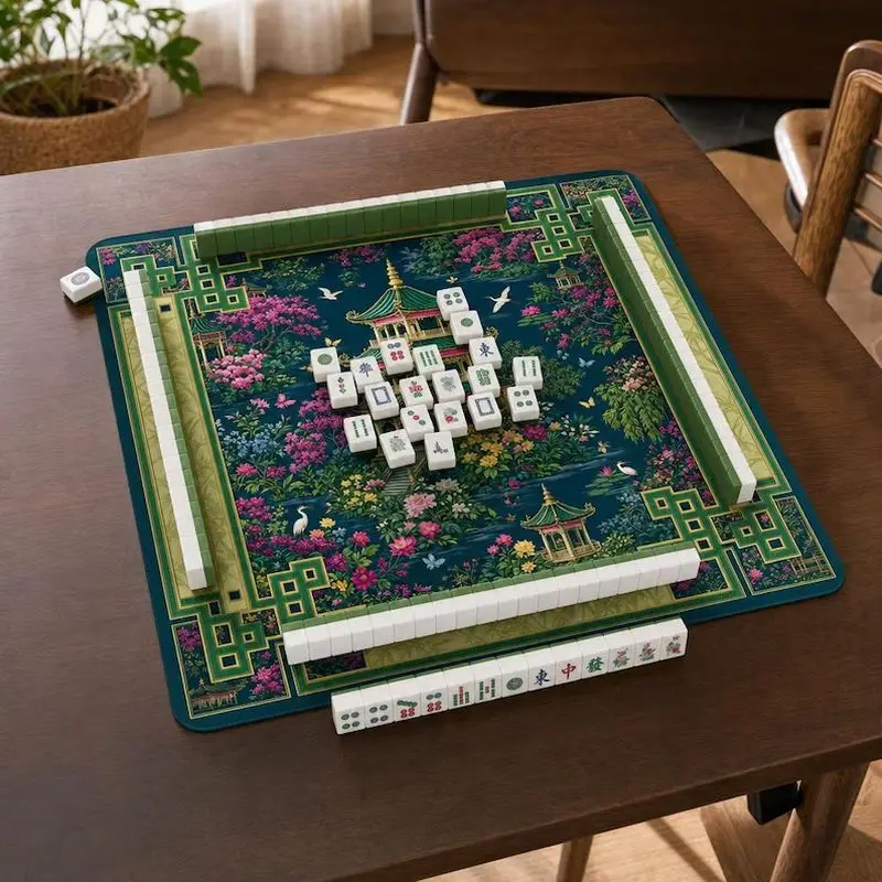 VIKAMA Chinese Pavilion Garden Floral Mahjong Mat Non‑Slip Silent Rubber Foldable Waterproof Home Party Game Accessory
