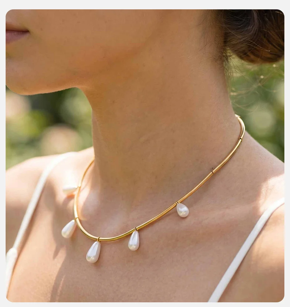Vnox 18K Vergoldete Edelstahl-Halskette mit Tropfenförmiger Imitationsperle Chili-Horn-Anhänger Charms-Halsketten Strandurlaub Geschenk – Detail 2