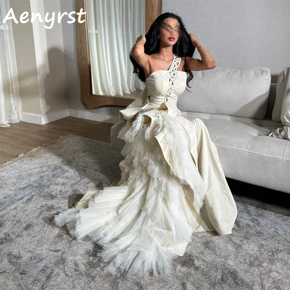 Aenyrst Vintage One Shoulder Saudi Arabia Evening Dresses Satin Crystal Wedding Guest Dresses For Women Floor Length Prom Gowns