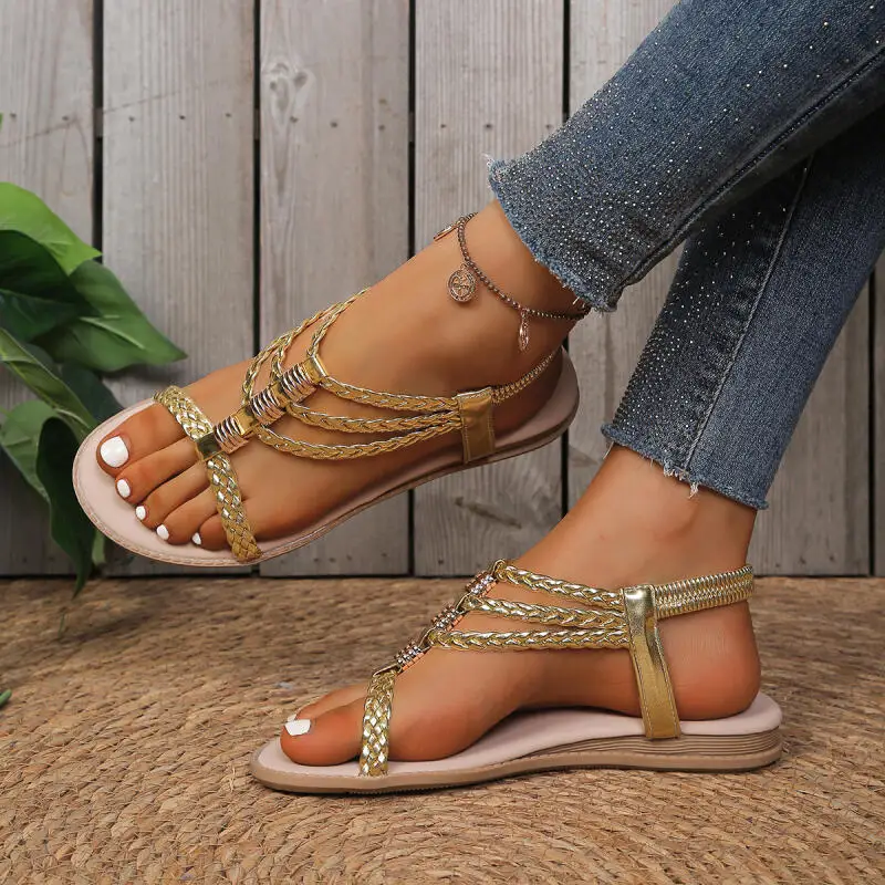 Sandalias de Lujo para Mujer, Marca Comfort Flats Heel, Verano 2026, Estilo Vintage, Dorado y Plateado, con Tira en T, Tipo Gladiador, Zapatos de Diseñador para Dama