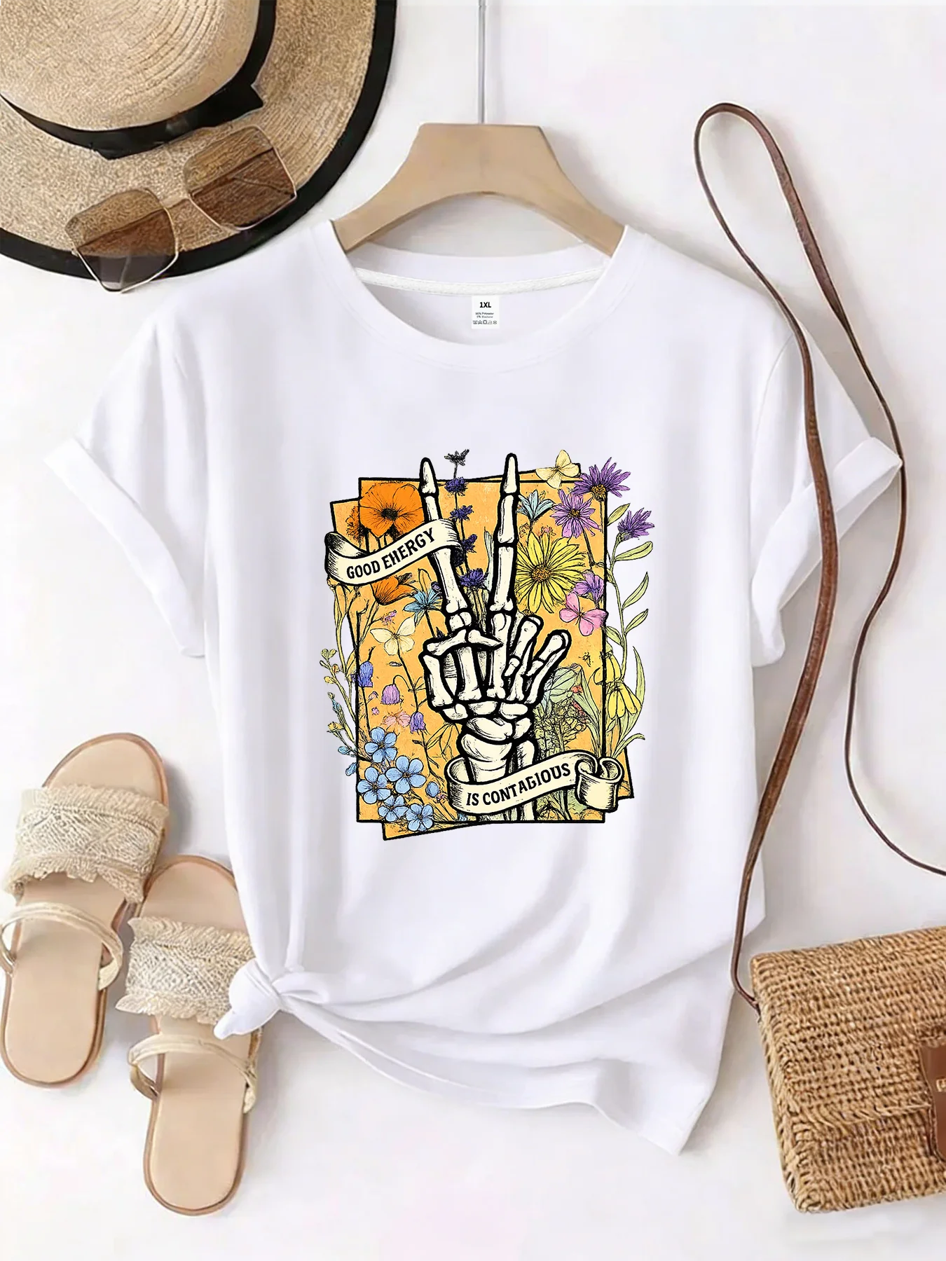 

【WZM101495】Skeleton Palm Print Large Women's Round Neck Summer Casual Short Sleeve Street Fashion Versatile Large T-shirt