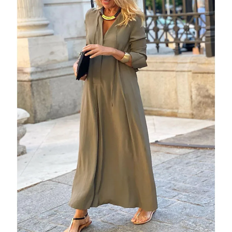 Women's Clothing 2023 Autumn and Winter Fashion New V-neck Long Sleeve Splice Pockets Simplicity Solid Color High Waist Dress