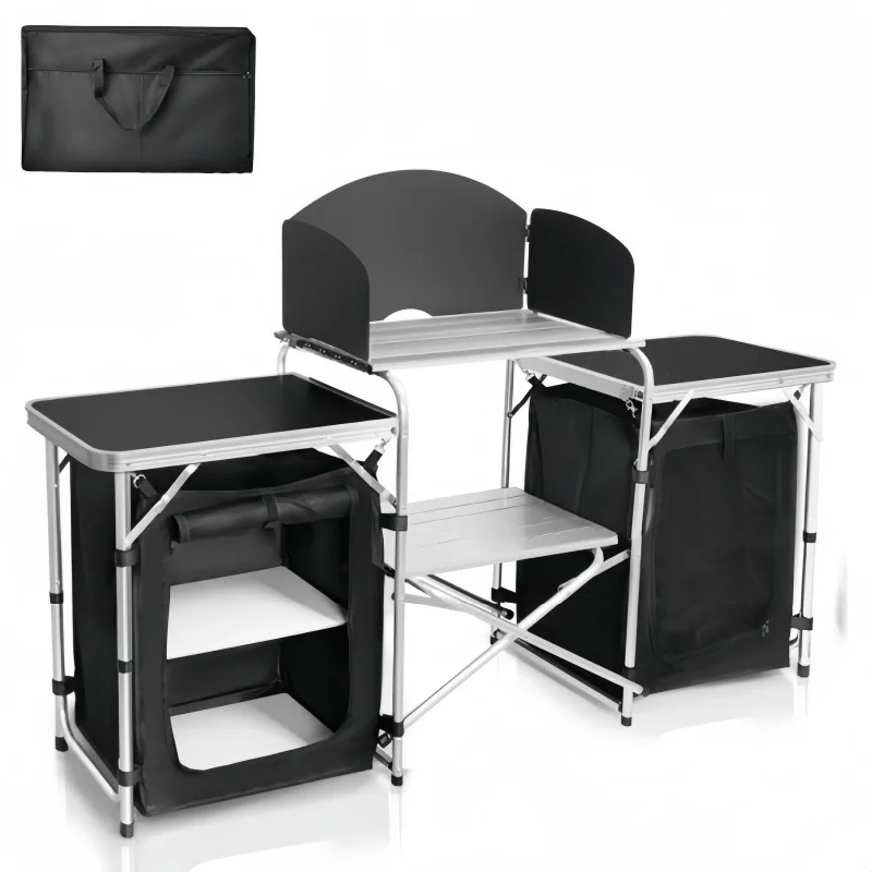 طاولة تخييم محمولة قابلة للطي، منظم تخزين كبير من الألومنيوم خفيف الوزن، محطة طهي المطبخ، حقيبة حمل للسفر في الهواء الطلق