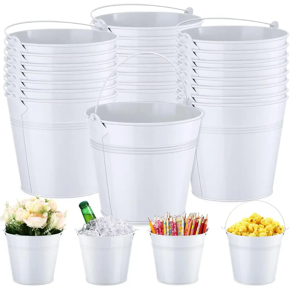 

24-Piece Mini Metal Buckets with Handle, Ideal for Pencils, Classroom, Graduation Parties, or Candy Fillers, 6x5 Inches, White