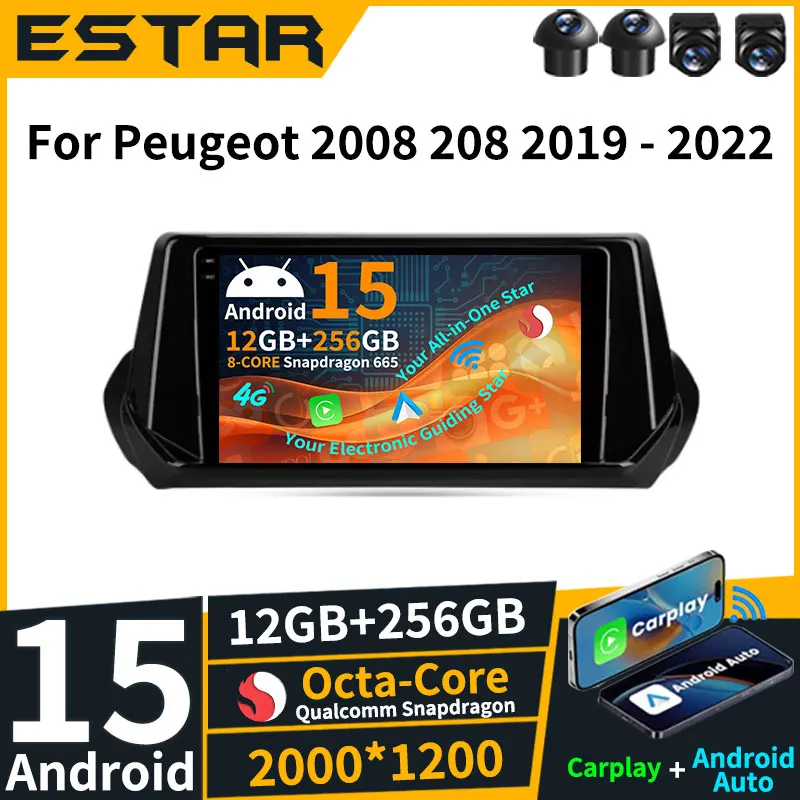 For Peugeot 2008 208 2019 2020 2021 2022 Wireless Carplay Auto Android 15 BT DSP DTS GPS Octa Core QLED 2din 360 Camera Stereo