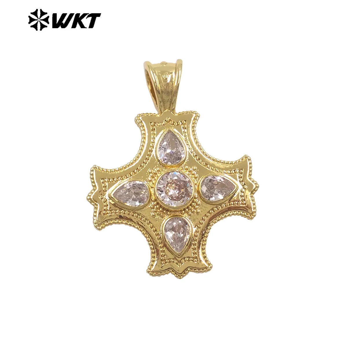 WT-P2118 Square Cross Shape With Transparent Zircon Paved Yellow Brass Pendants For Necklace Jewelry Findings 2