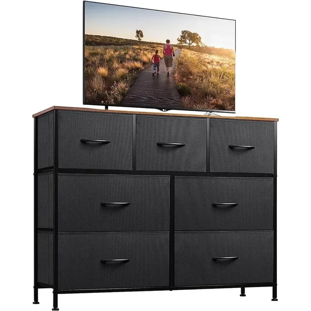 Dresser,Entertainment Center,Media Console Table Metal Frame Chest of Drawers for Bedroom,Black and Rustic Brown Vanity Desk