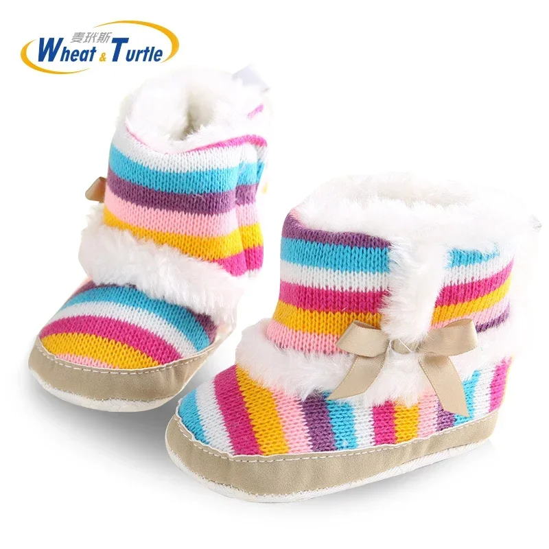 Mother Kids Baby Shoes First walkers Colorful Striped Knitted  Winter Boots  Walkers  Girls Fur Snow Warm Booties